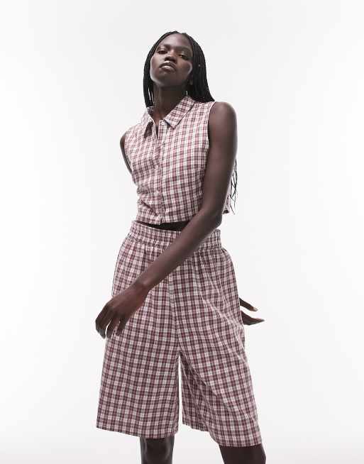 Topshop - Pigiama con top senza maniche con colletto e pantaloncini in colore neutro a quadri