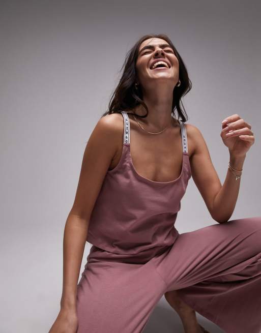 Topshop - Pigiama taglio lungo in jersey malva con logo