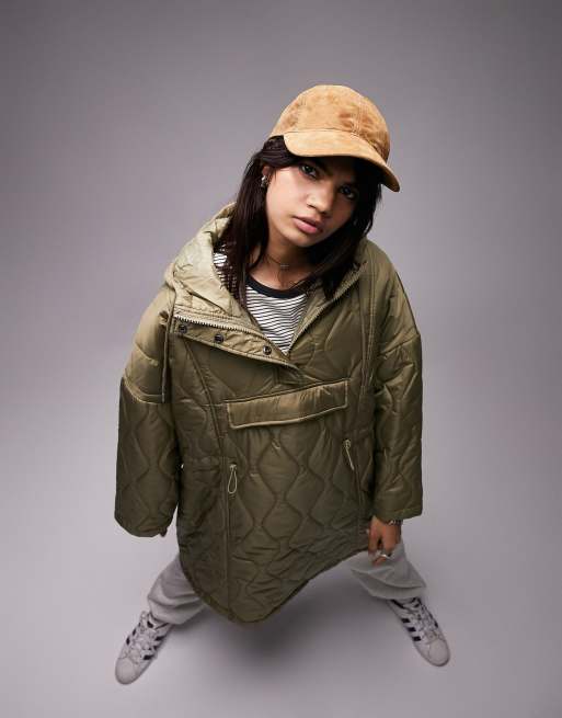 Topshop – Pikowana kurtka w kolorze khaki o trapezowym, wydłużonym fasonie z kapturem