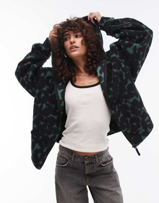 Topshop - Pile con zip verde con stampa leopardata astratta, 3 di 4