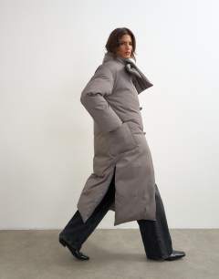Pillow scarf longline puffer jacket in taupe
