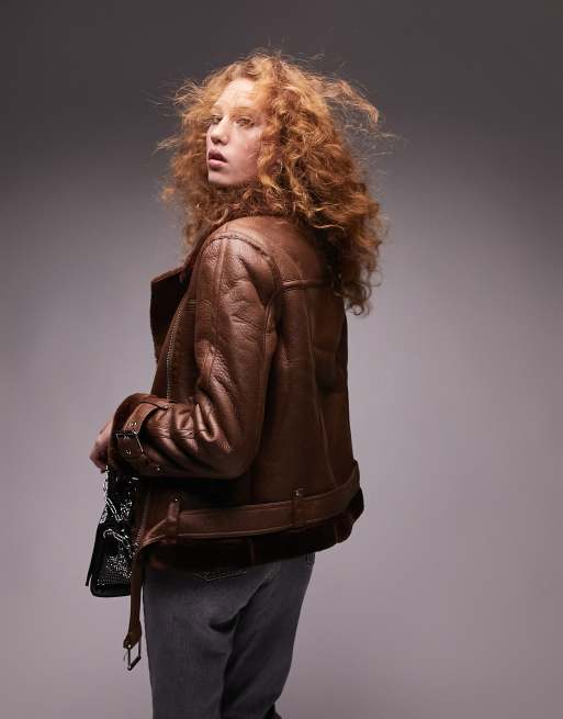 Topshop – Piloten-Bikerjacke aus schokobraunem Kunstleder mit Besatz in Lammfell-Optik, 3 von 4