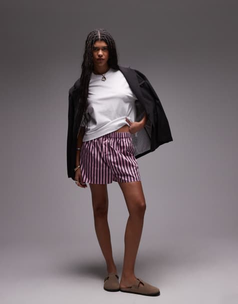 Topshop pink and purple striped boxer shorts in pink - part of a set - view 1