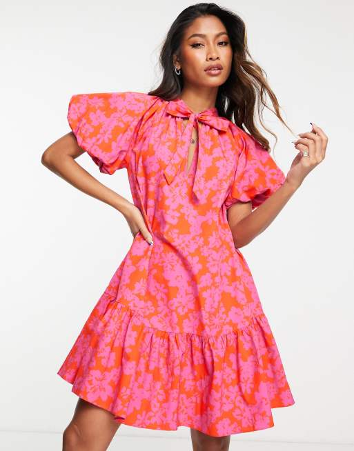 Topshop pink and red poplin mini chuck on dress ASOS