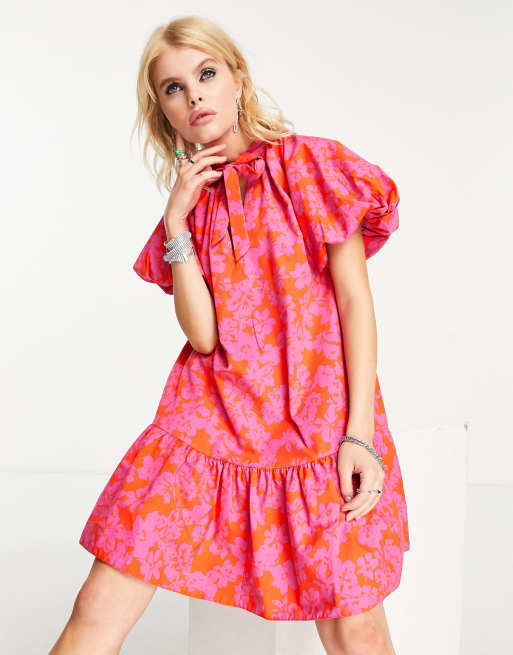 Topshop pink and red poplin mini chuck on dress | ASOS