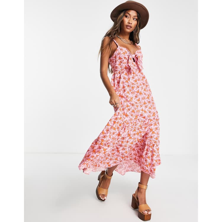 Topshop pink and red rose poplin bow midi dress ASOS