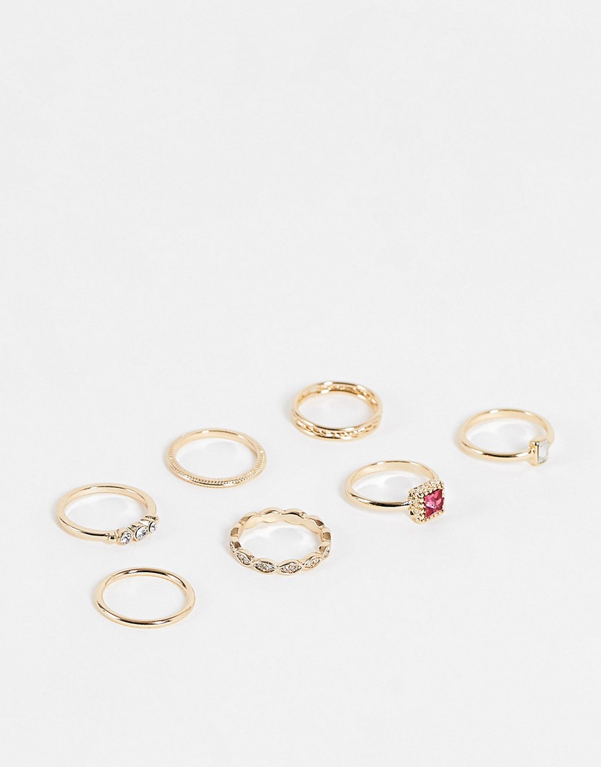 Topshop pink crystal 6 x multipack finger and midi rings in gold