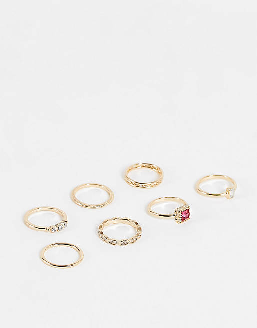 Topshop pink crystal 6 x multipack finger and midi rings in gold
