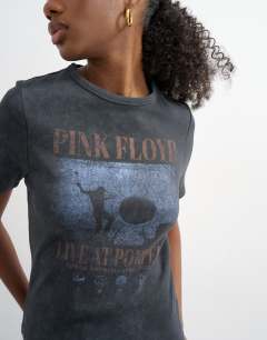 Model wearing Pink Floyd license shrunken half sleeve tee in washed black