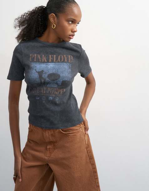 Topshop Pink Floyd licensed shrunken half sleeve tee in washed black - view 1