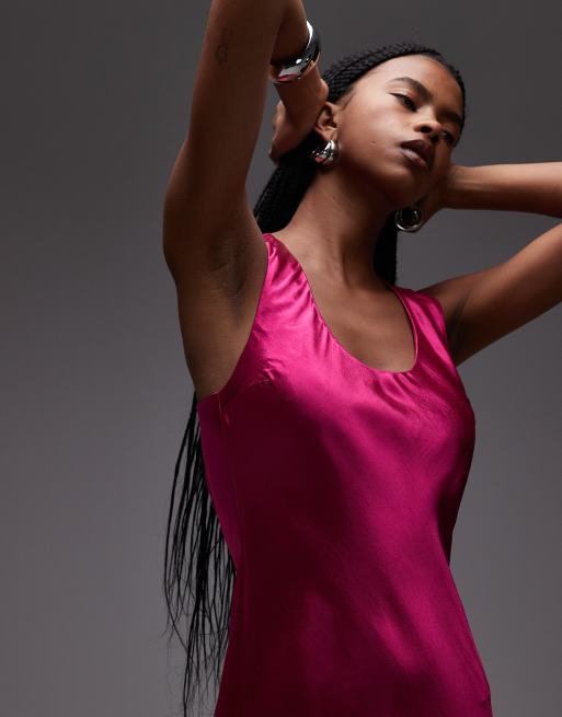 Topshop - Pink maxikjole med racerhals og asymmetrisk snit i satin, 2 af 4