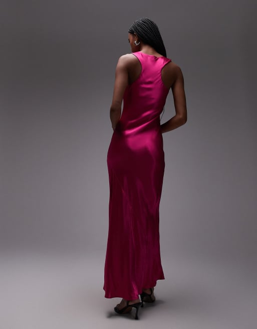 Topshop - Pink maxikjole med racerhals og asymmetrisk snit i satin, 4 af 4