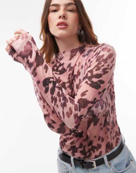 Topshop - Pink og langærmet top i krølstof med leopardprint - view 1