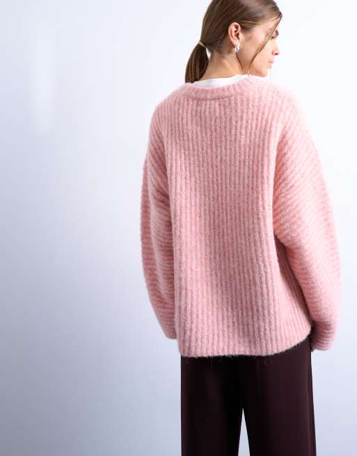 Topshop - Pink og ribstrikket trøje med ballonærmer, 4 af 4
