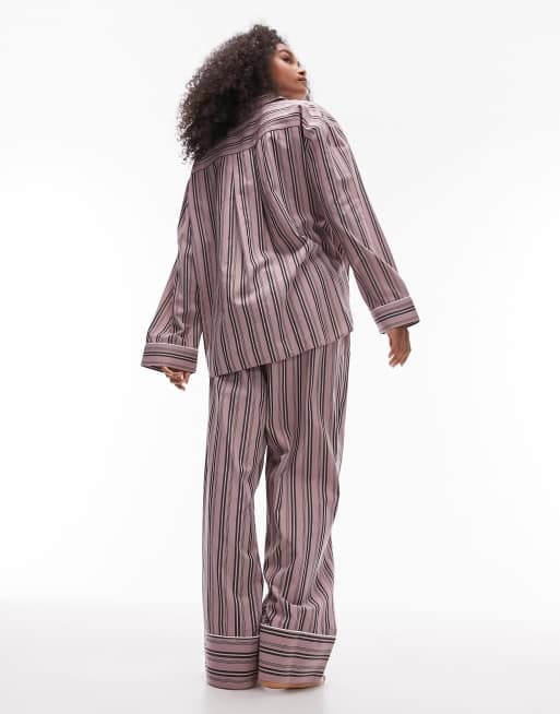 Topshop - Pink pyjamassæt med skjorte og bukser i bomuld med striber, 3 af 4