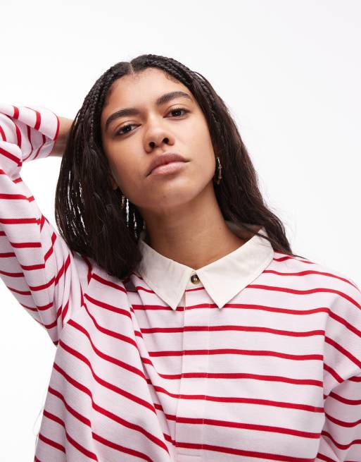 Topshop - Pink stribet polotop med lange ærmer, 3 af 4
