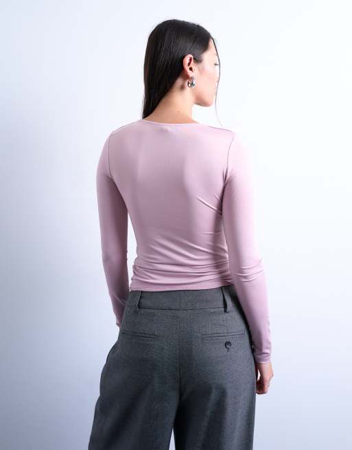 Topshop - Pink tætsiddende top med lange ærmer og rund hals, 3 af 4
