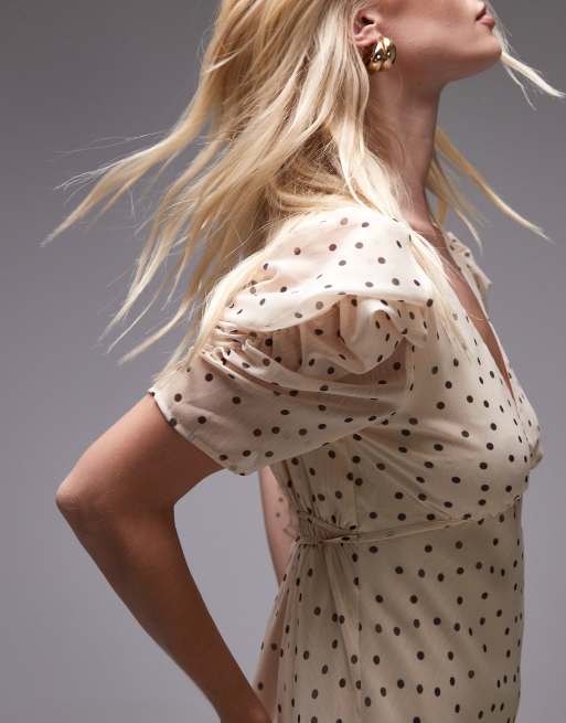 Topshop pinned sleeve mini tea dress in ecru polka dot, 3 of 4
