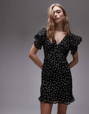 Topshop pinned sleeve mini tea dress in mono polka dot-Black