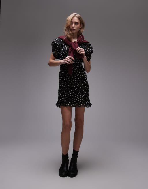 Topshop pinned sleeve mini tea dress in mono polka dot, 3 of 4