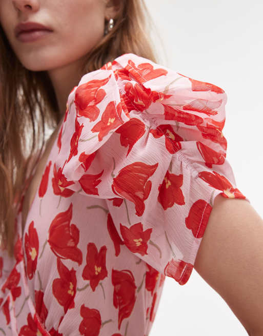 Topshop pinned sleeve mini tea dress in pink red floral