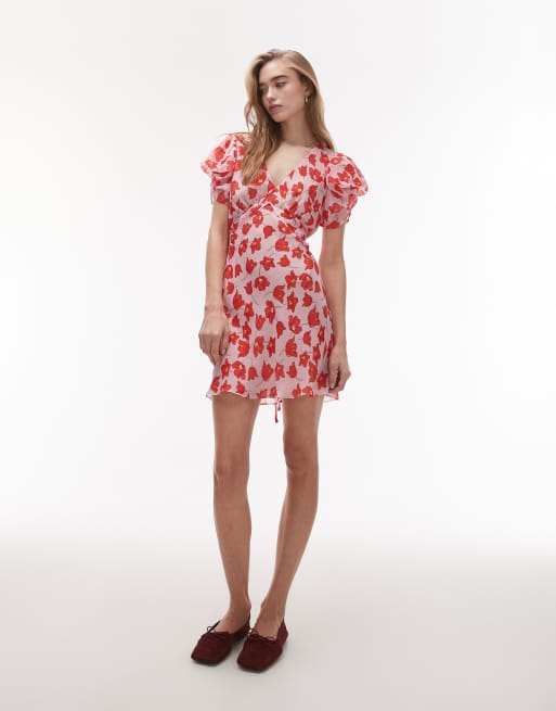 Topshop pinned sleeve mini tea dress in pink red floral