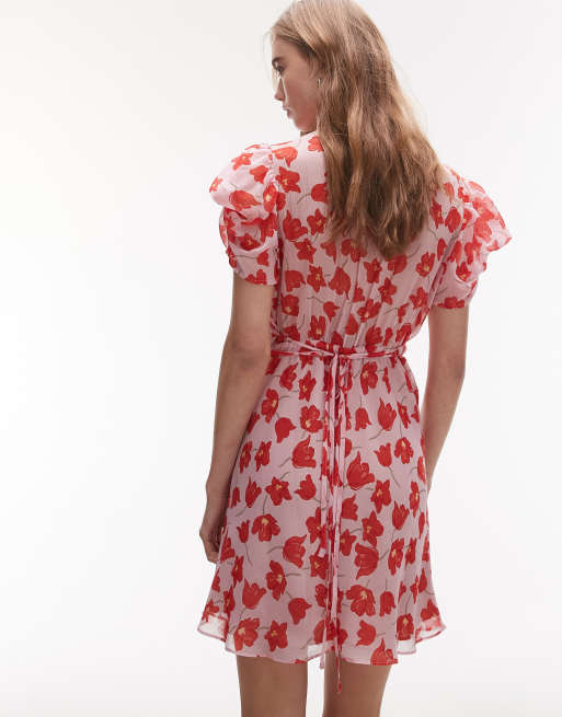 Topshop pinned sleeve mini tea dress in pink red floral