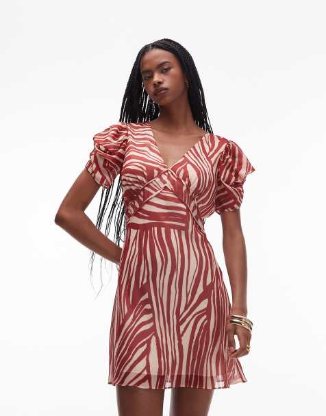 Topshop pinned sleeve mini tea dress in red and beige zebra - view 1