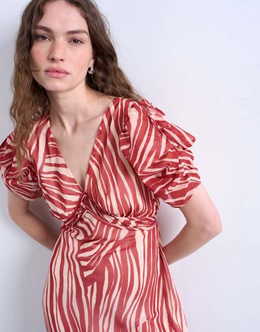 Topshop pinned sleeves mini tea dress in red and beige zebra, 3 of 4