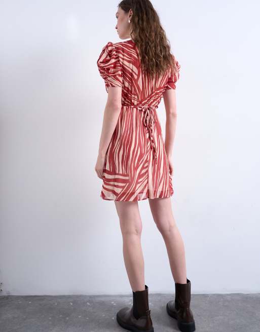 Topshop pinned sleeves mini tea dress in red and beige zebra, 4 of 4