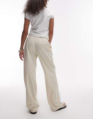 Topshop Stripe Pull On Straight Leg Pants In Ecru-white