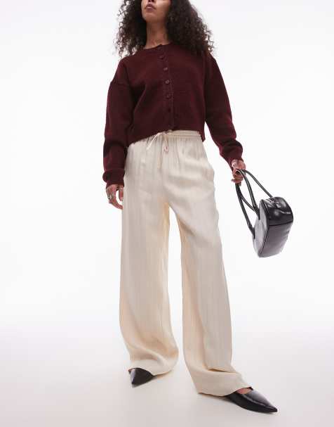 Topshop pinstripe drawcord satin trouser in buttermilk