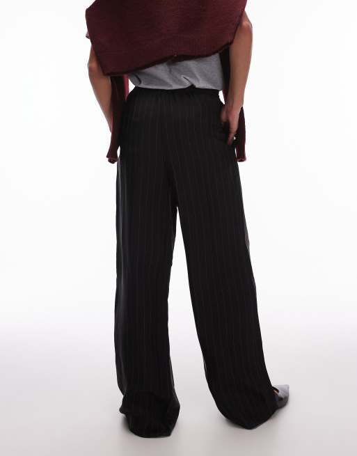 Topshop pinstripe drawstring satin pants in black