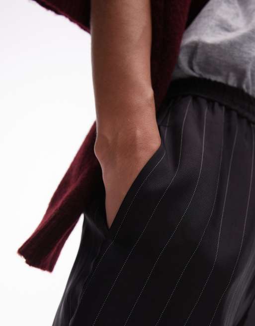 Topshop pinstripe drawstring satin pants in black