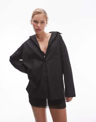 Topshop pinstripe oversized shirt in black