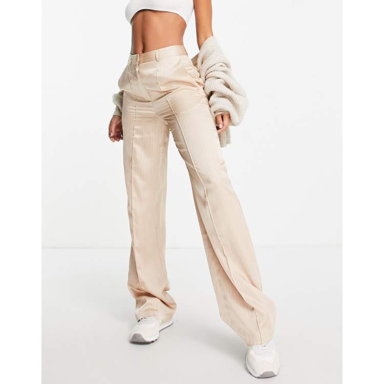 Satin Waistband Pinstripe Trousers - Taupe