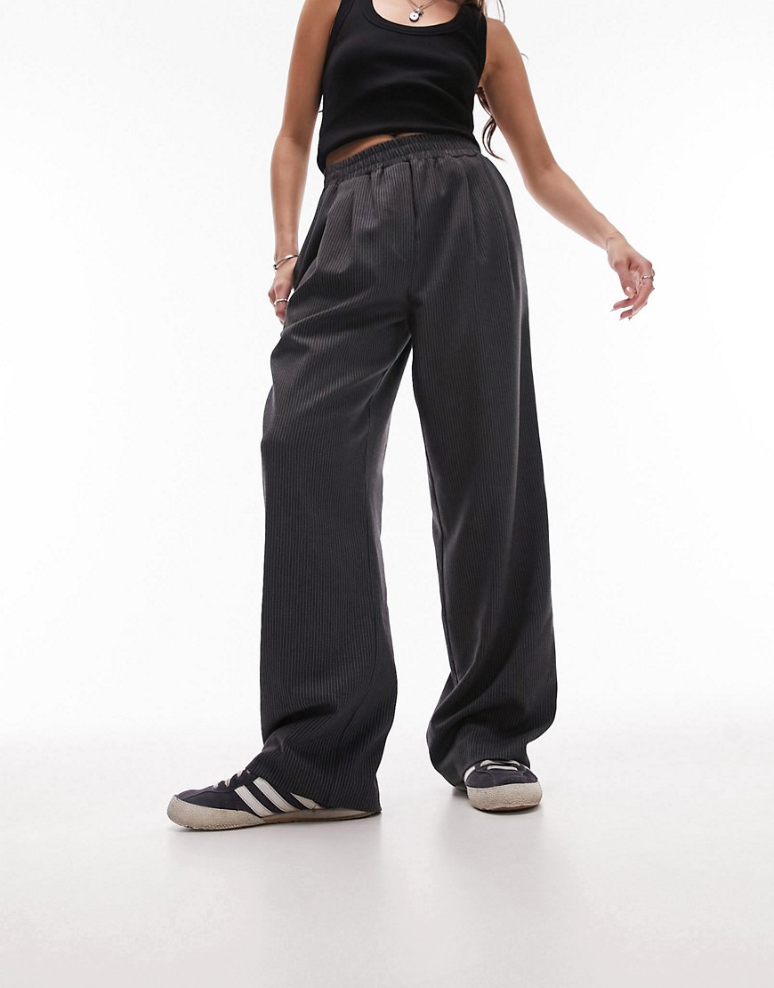 Topshop Pinstripe Straight Leg Tailored Sweatpants In Gray In Brown