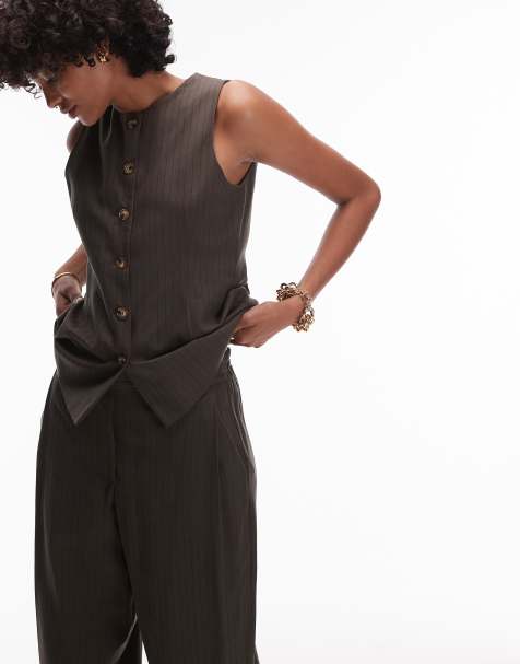 Topshop pinstripe tailored vest in khaki - part of a set - view 1