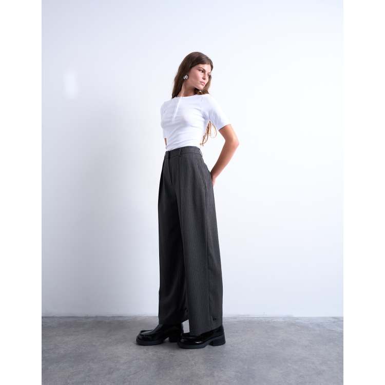 ★GENERAL IDEA★ WOMAN PINSTRIPE WIDE SLACKS [CHARCOAL] / WB Pinstripe Tailored Wide Leg Pant | Unison Label