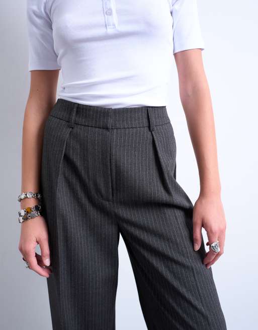 Topshop pinstripe tailored wide leg pants in charcoal - part