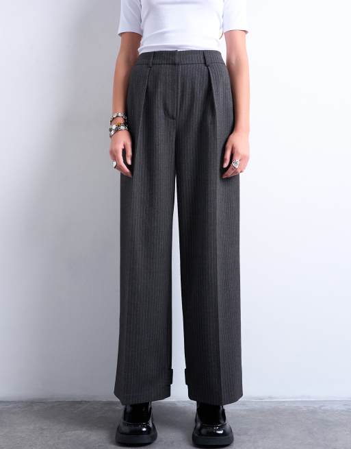 ★GENERAL IDEA★ WOMAN PINSTRIPE WIDE SLACKS [CHARCOAL] / WB Topshop pinstripe tailored wide leg pants in charcoal - part