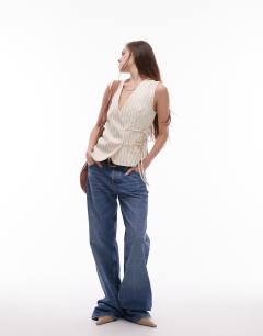 Model wearing Pinstripe tie side waistcoat in beige 