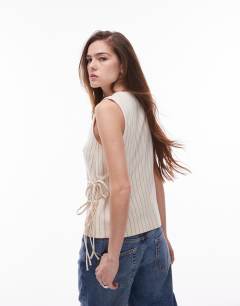 Model wearing Pinstripe tie side waistcoat in beige 