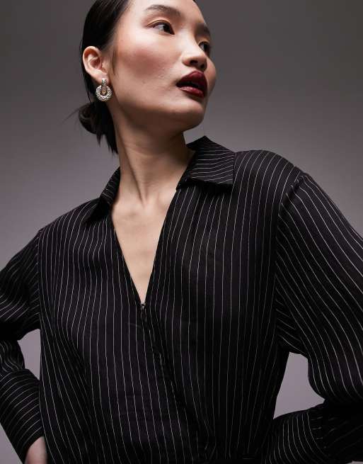 Topshop pinstripe wrap shirtdress in mono, 4 of 4