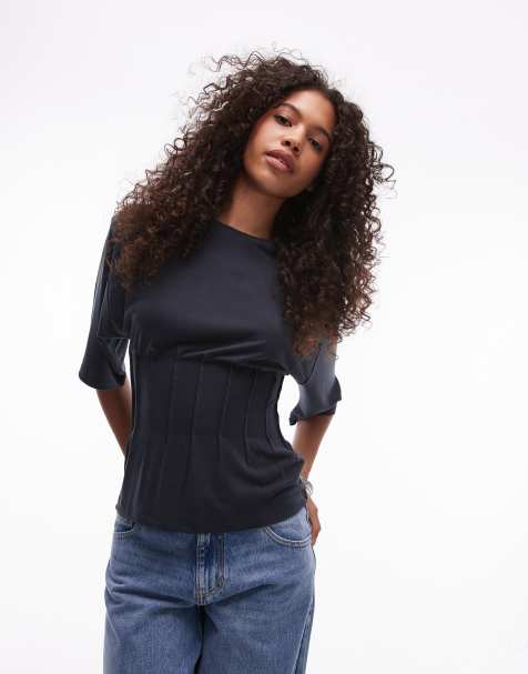 Topshop pintuck cupro tee in slate