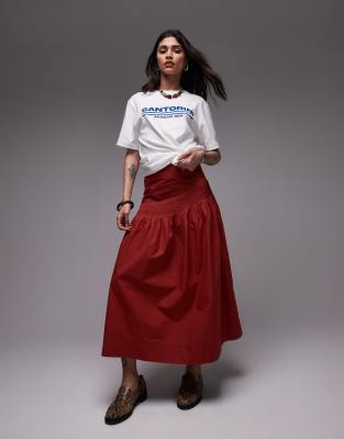 pintuck poplin full skirt in red