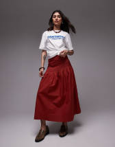 Topshop pintuck poplin full skirt in red