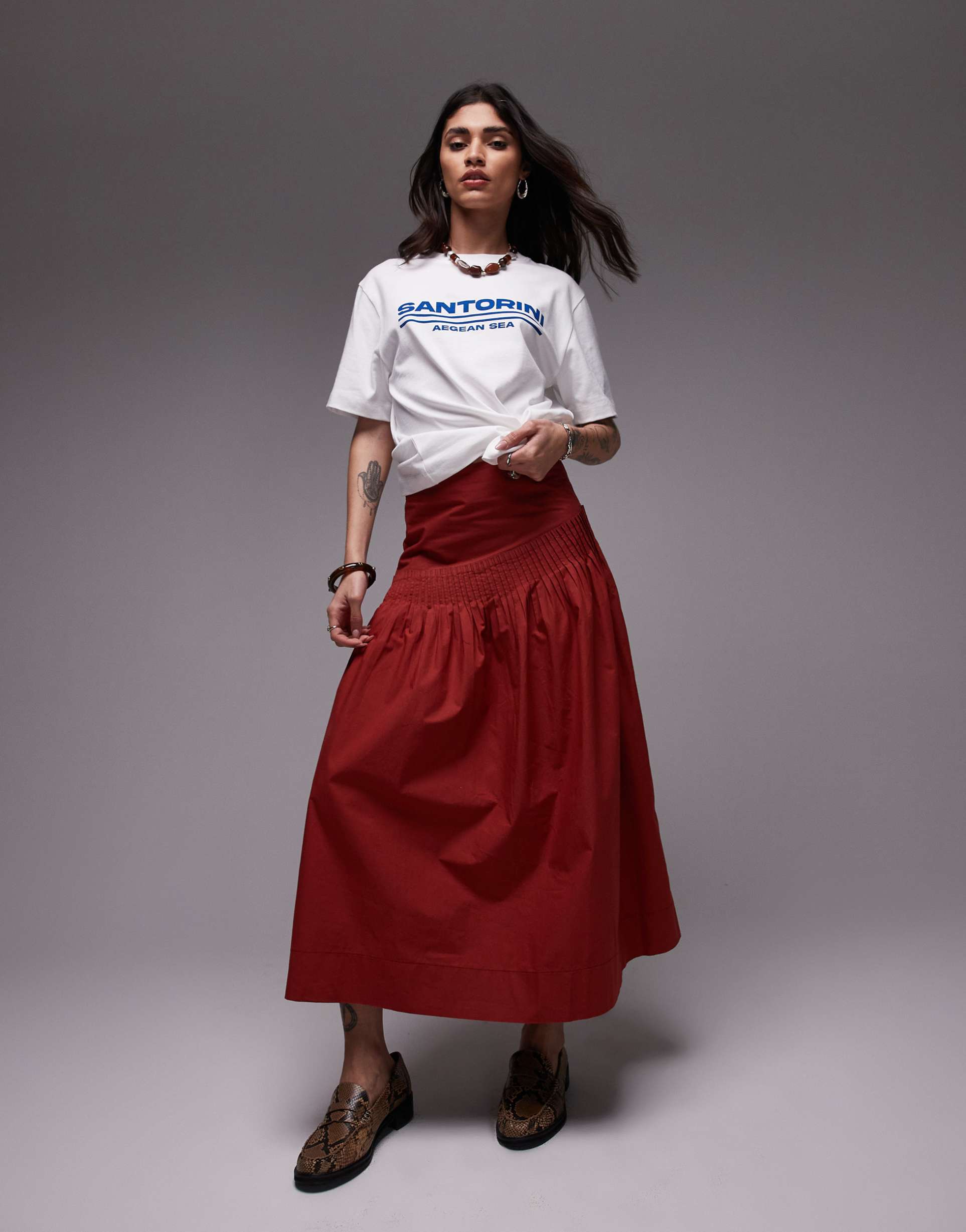 topshop pintuck poplin full skirt in red