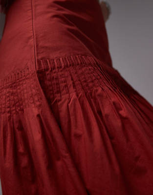 Topshop Pintuck Poplin Full Skirt In Red
