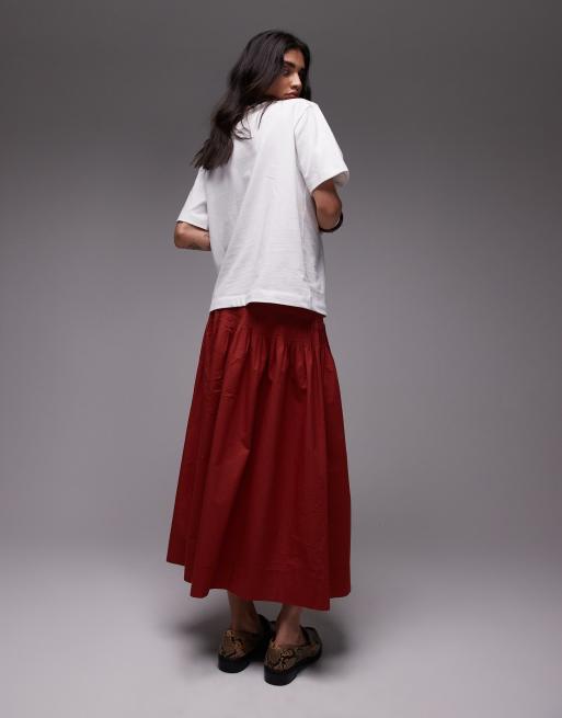 Topshop pintuck poplin full skirt in red